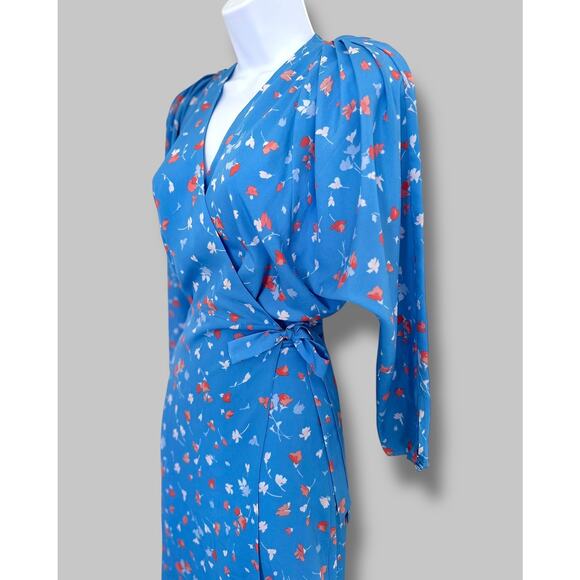 Joie Blue Floral Wrap Dress Size XS Long Sleeve V-Neck Midi Dress Asymmetric Hem - Picture 2 of 11